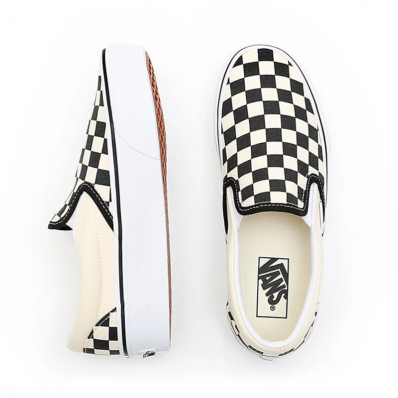 Black and white checkered slip ons shop
